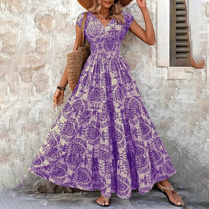 Women's Sexy V-Neck Short Sleeve Maxi Dress Summer Prints And Flowy Big Hem Beach Dresses